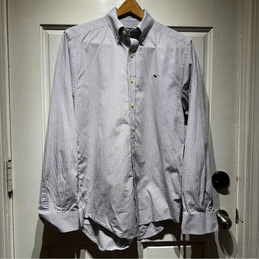 Vineyard Vines Men's White and Blue Checkered Shirt